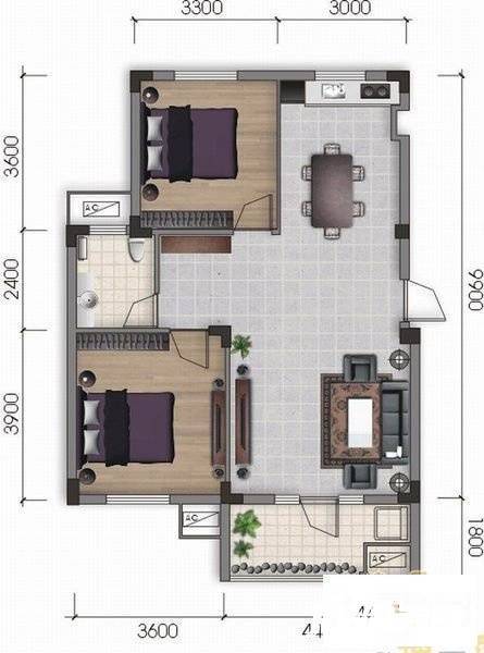 米兰小镇2室2厅1卫95㎡户型图