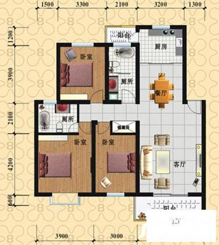 金龙四季阳光二期3室2厅2卫126.7㎡户型图