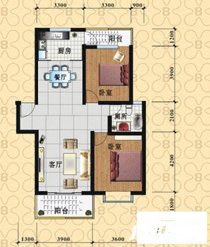 金龙四季阳光二期2室2厅1卫94.3㎡户型图