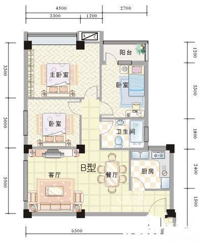 东方华庭3室2厅1卫97.6㎡户型图