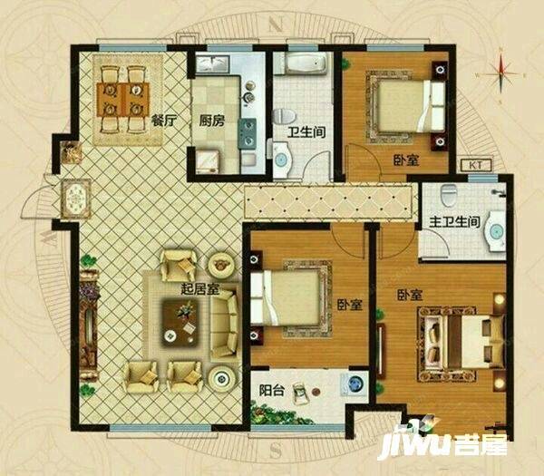 兆富国际大厦3室2厅1卫134㎡户型图