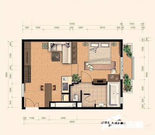 桃花岛城市花园二期1室1厅1卫52㎡户型图