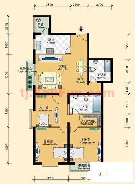 方正山海天3室2厅2卫144.7㎡户型图