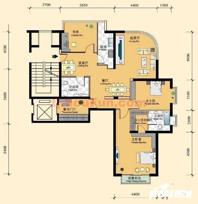 方正山海天3室2厅2卫156.4㎡户型图