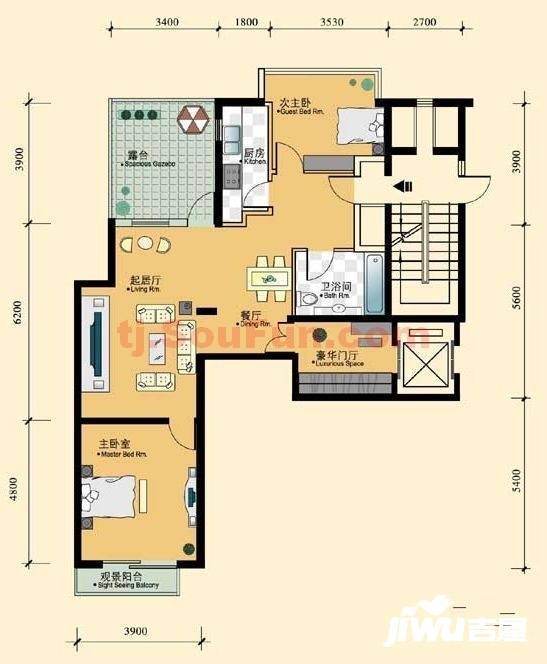 方正山海天2室2厅1卫113.3㎡户型图