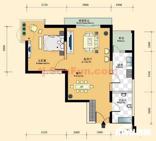 方正山海天1室1厅1卫69㎡户型图