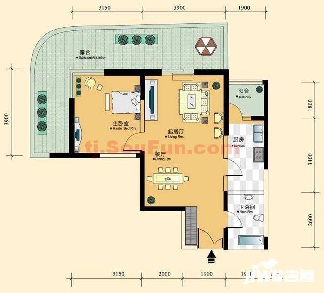 方正山海天1室2厅1卫66㎡户型图