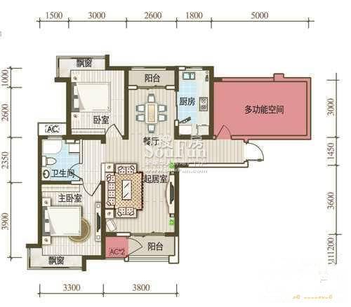 融科金月湾2室2厅1卫99㎡户型图