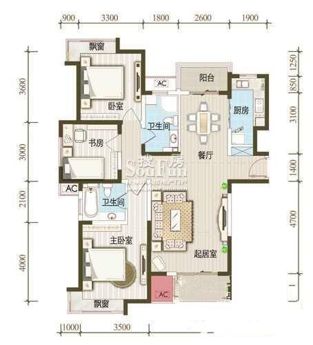 融科金月湾3室2厅2卫130㎡户型图