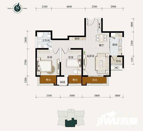 融科金月湾2室2厅1卫87㎡户型图