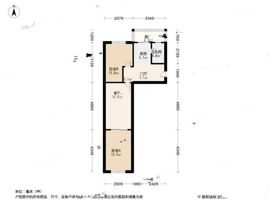 塘沽长江里2室1厅1卫76㎡户型图