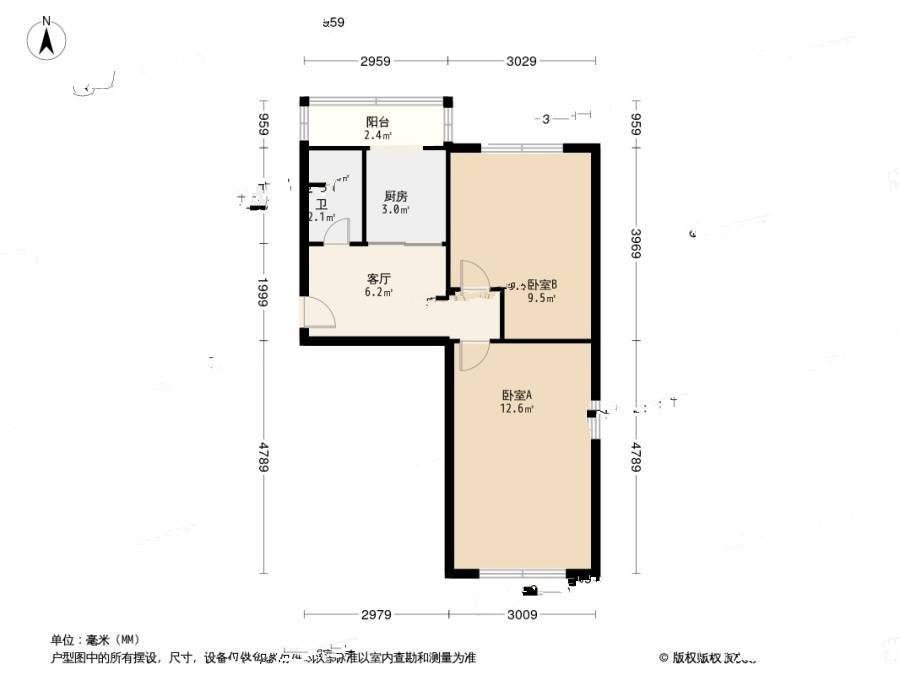 塘沽长江里2室1厅1卫57㎡户型图