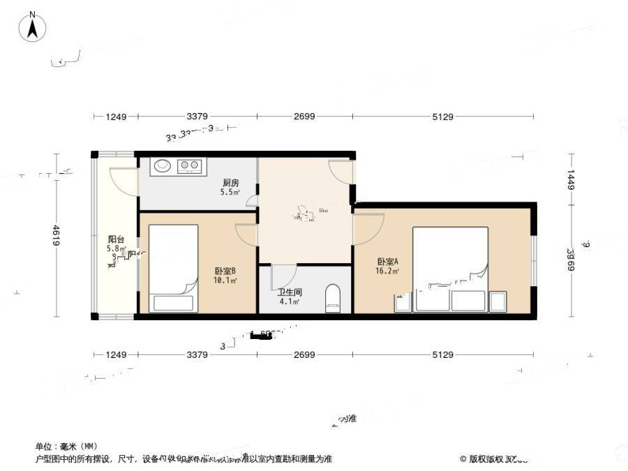 金泰新村2室1厅1卫52.2㎡户型图