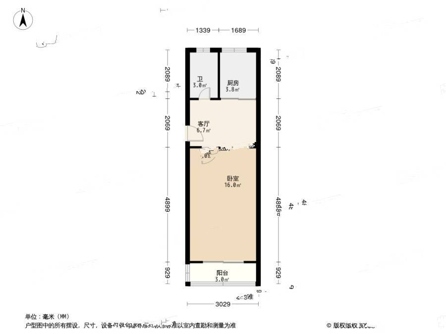 塘沽开源里1室1厅1卫39.8㎡户型图