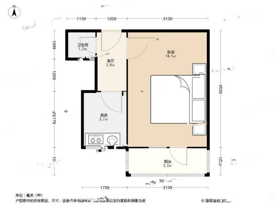 南丰里1室1厅1卫21.8㎡户型图