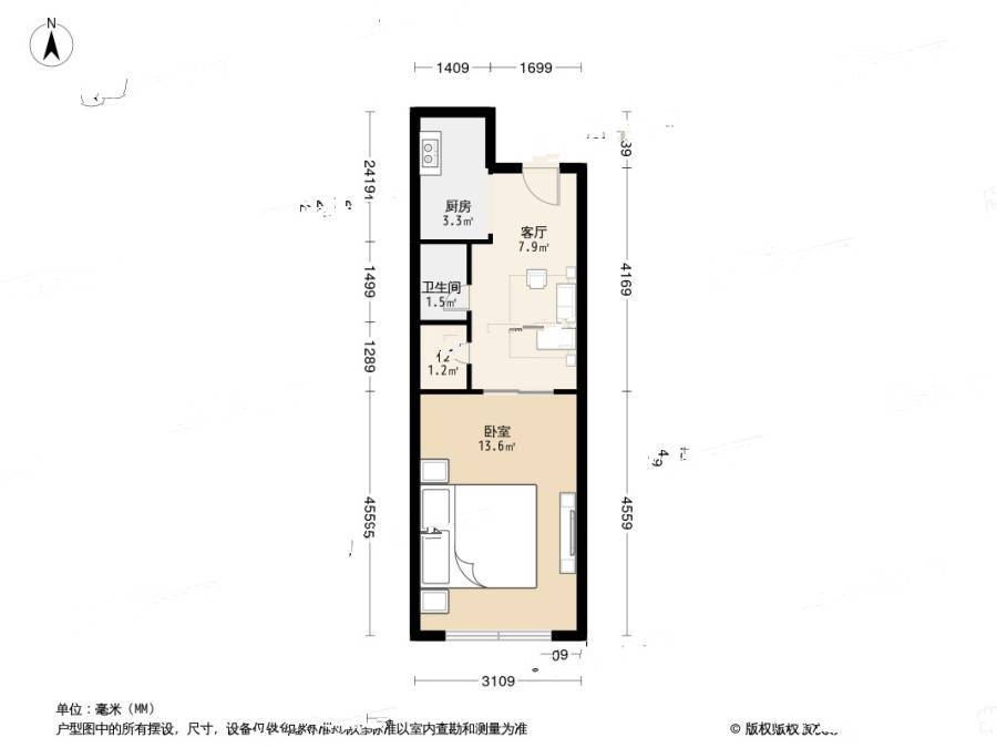 兴河里1室1厅1卫28.1㎡户型图