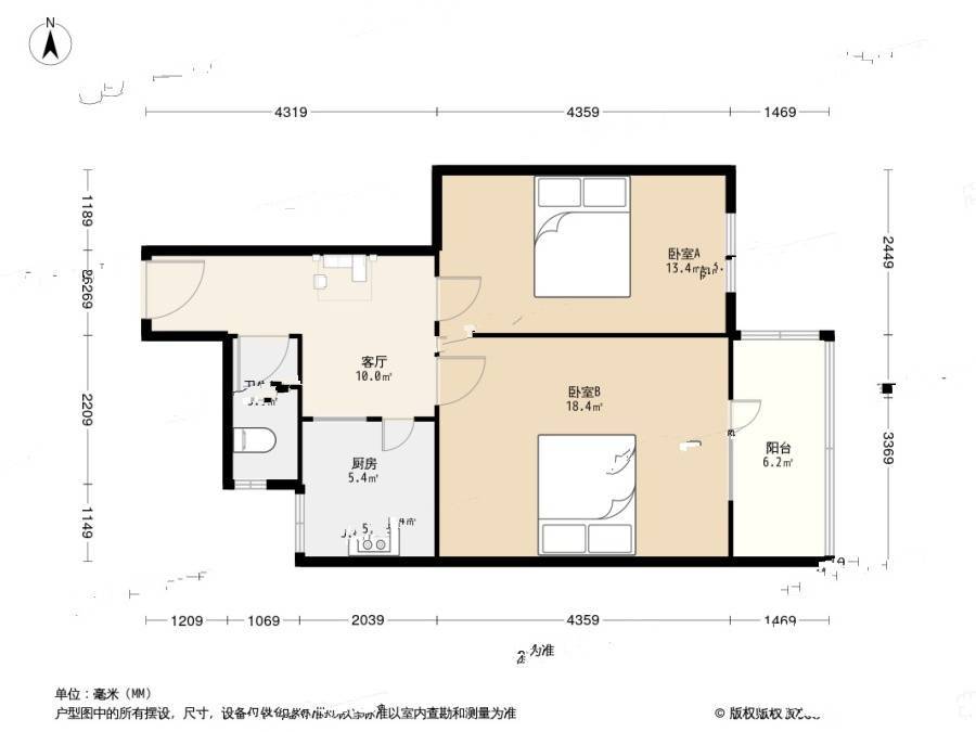 兴河里2室1厅1卫57㎡户型图