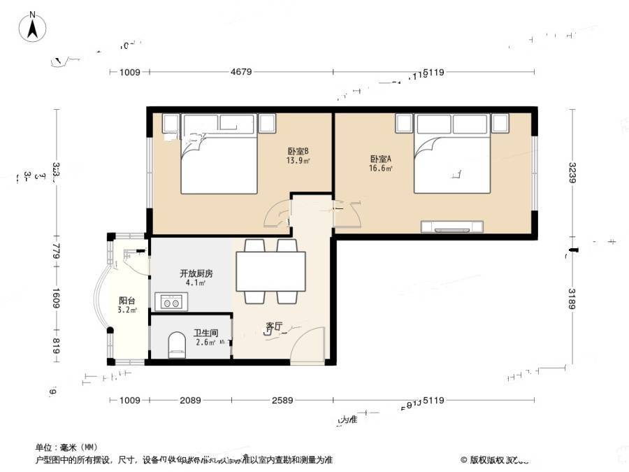 宁乐里2室1厅1卫59.4㎡户型图