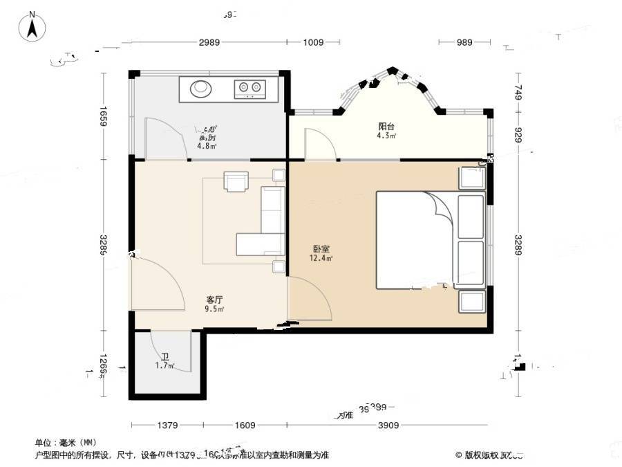 宁乐里1室1厅1卫44.4㎡户型图