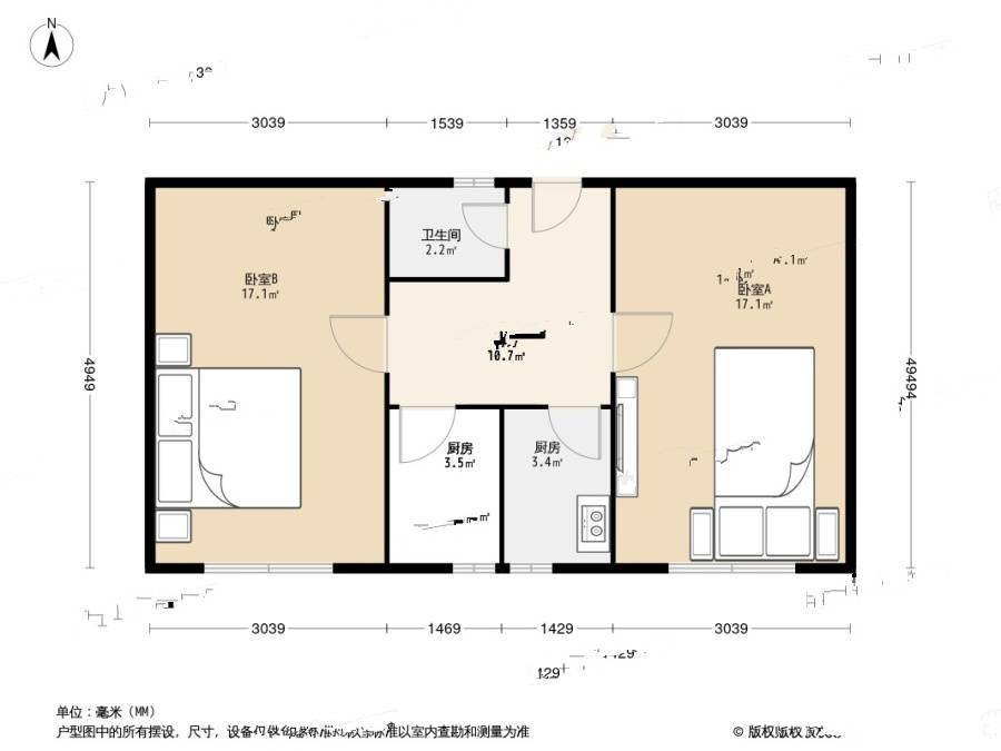 丁字沽八段2室1厅1卫57.9㎡户型图