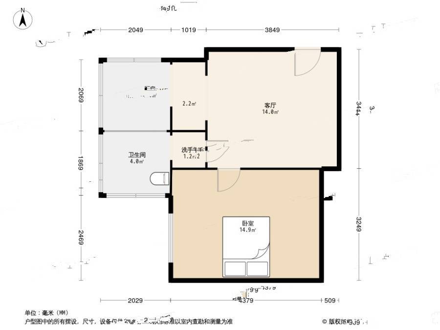 丁字沽八段1室1厅2卫42㎡户型图