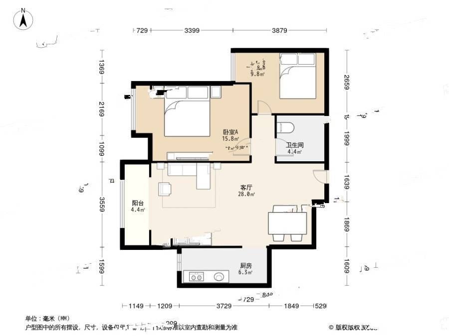 华城领秀万华里2室1厅1卫94㎡户型图