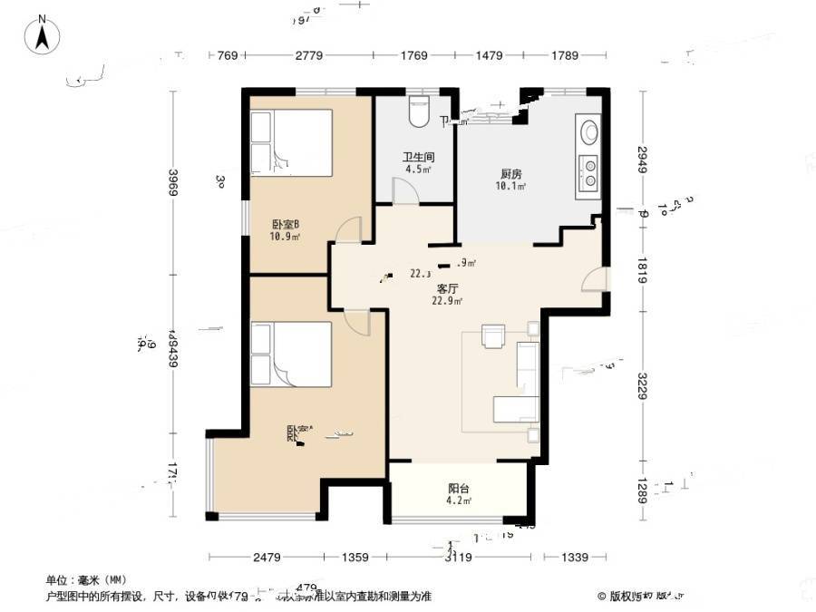 华城领秀万华里2室1厅1卫90㎡户型图