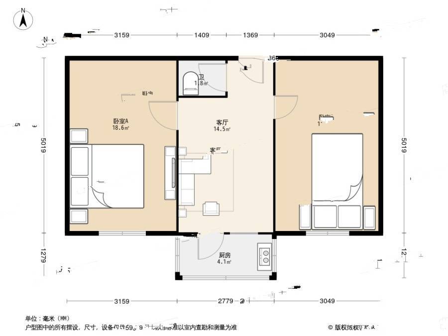 商苑公寓2室1厅1卫62.2㎡户型图