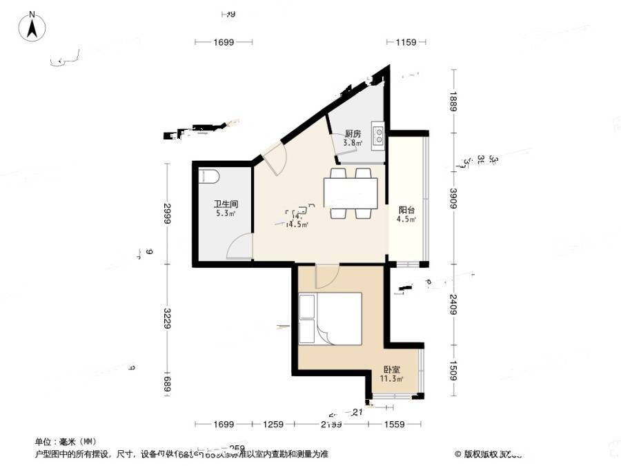 新都大厦1室1厅1卫58.2㎡户型图