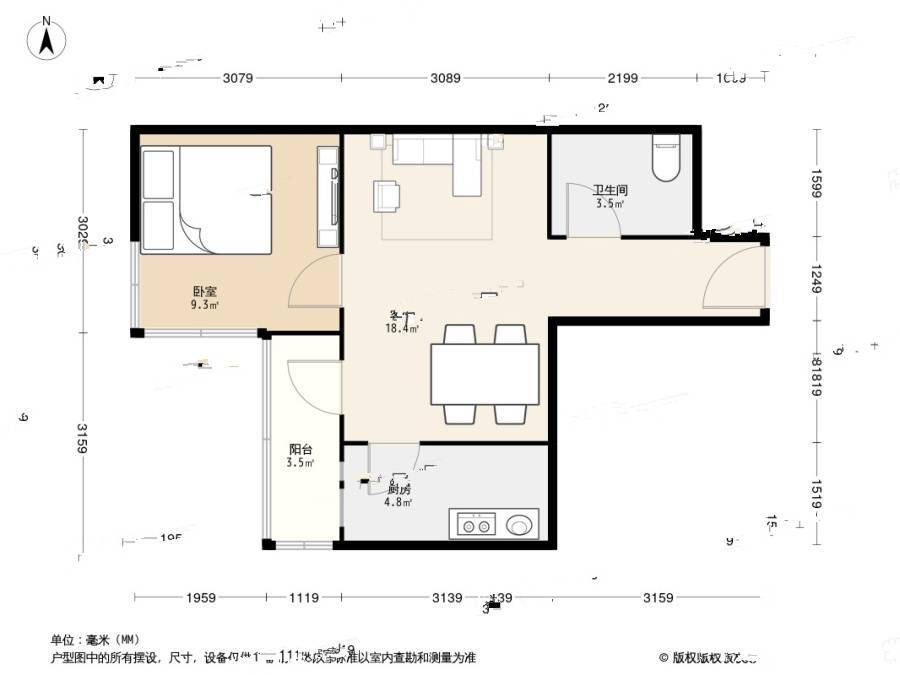 新都大厦1室1厅1卫58㎡户型图