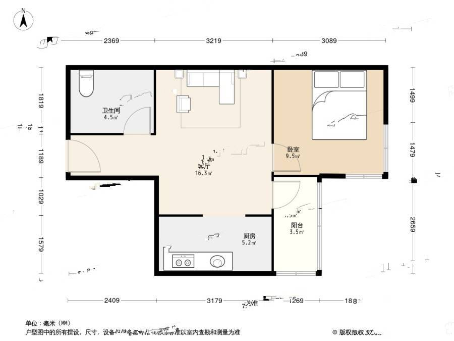 新都大厦1室1厅1卫57.6㎡户型图