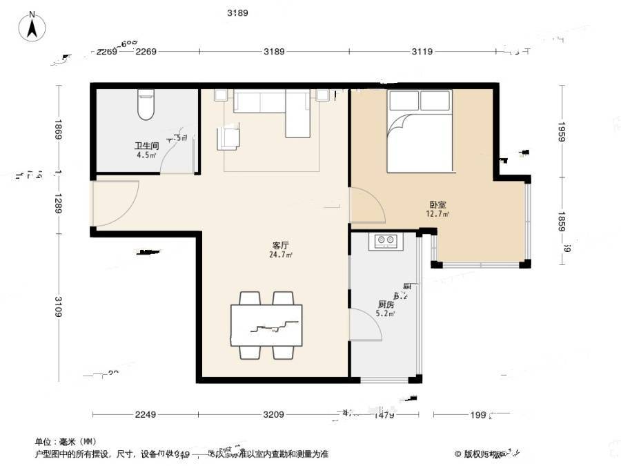 新都大厦1室1厅1卫57.7㎡户型图