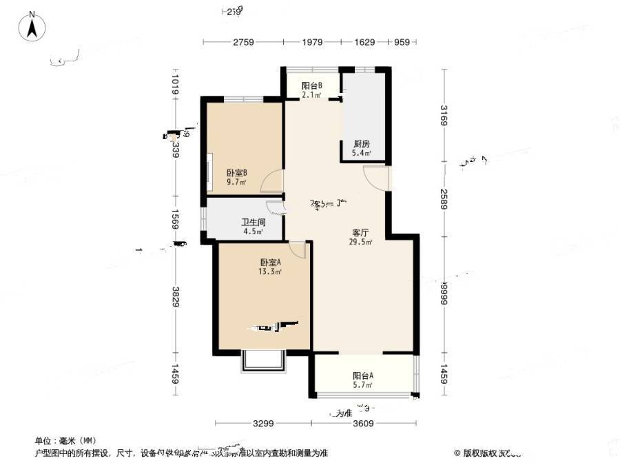 金厦水语花城花溪苑2室1厅1卫90.8㎡户型图