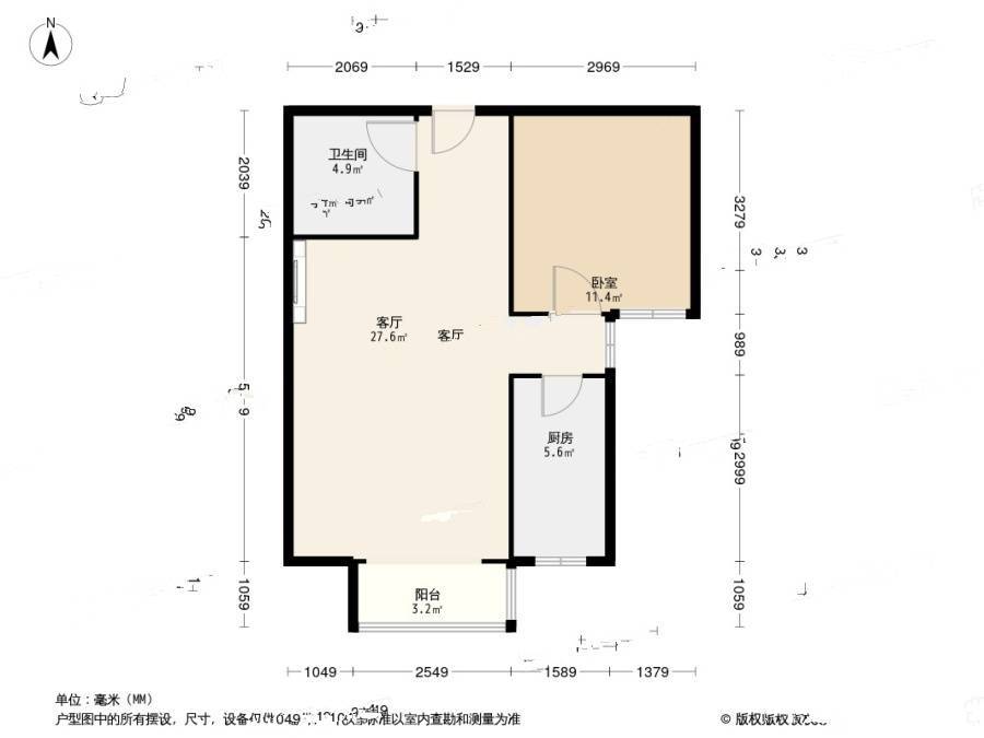 金厦水语花城花溪苑1室1厅1卫65.5㎡户型图