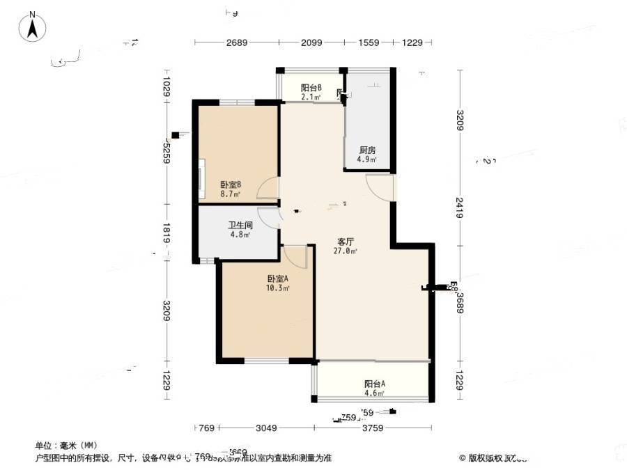 金厦水语花城花溪苑2室2厅1卫91㎡户型图