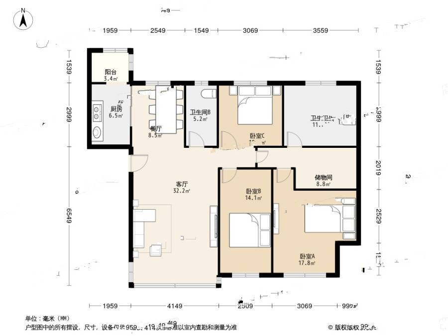 富力津门湖观鹭花园3室2厅2卫167㎡户型图