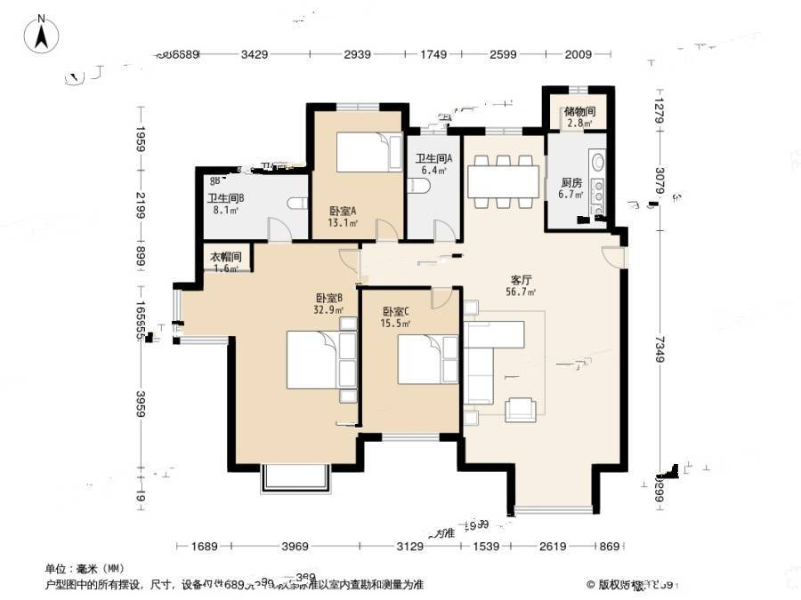 富力津门湖观鹭花园3室1厅2卫163.5㎡户型图