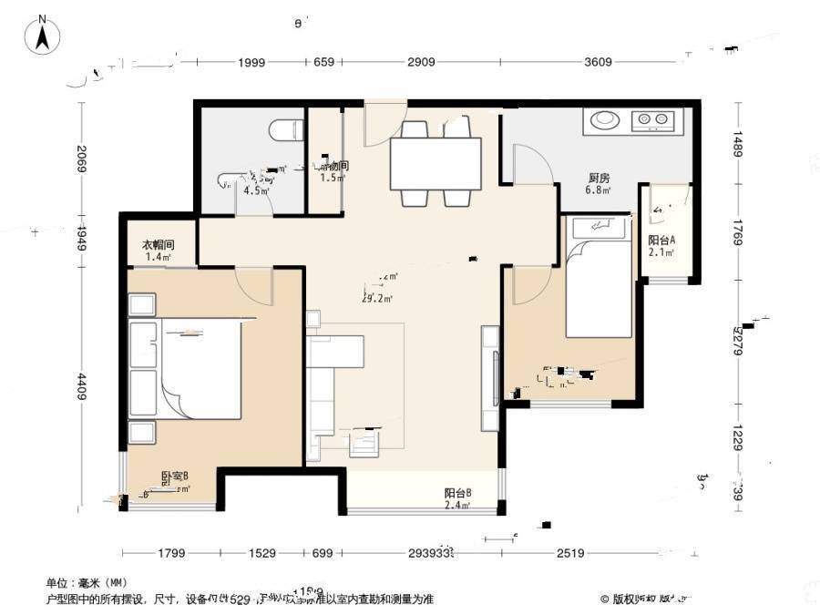 富力津门湖鸣泉花园2室1厅1卫88㎡户型图