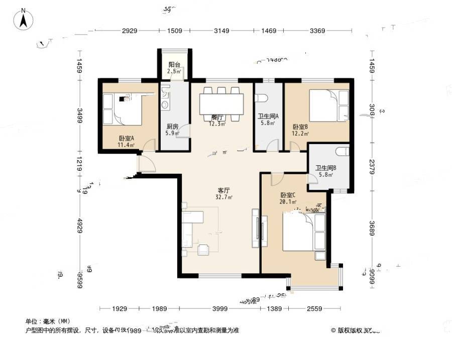 富力津门湖鸣泉花园3室1厅2卫138.7㎡户型图