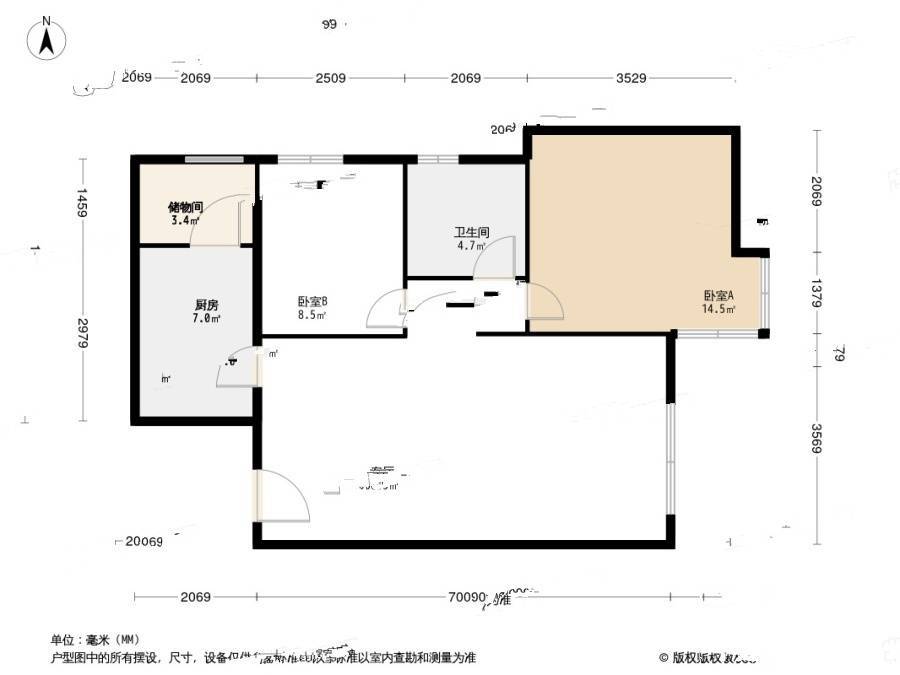 富力津门湖嘉郡花园2室1厅1卫85.7㎡户型图