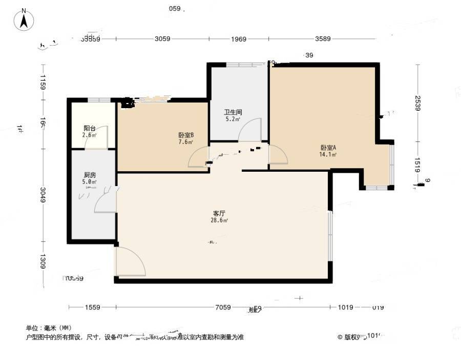 富力津门湖嘉郡花园2室1厅1卫89㎡户型图