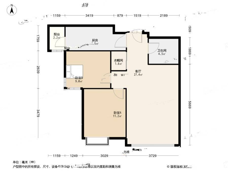 富力津门湖嘉郡花园2室1厅1卫87.1㎡户型图