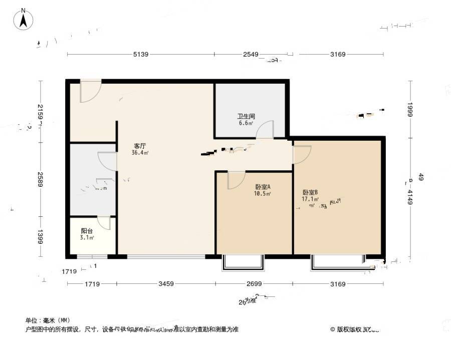 富力津门湖嘉郡花园2室1厅1卫88㎡户型图