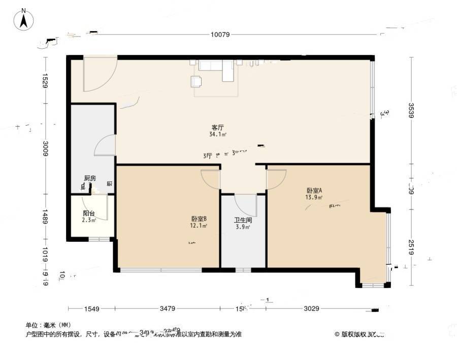 富力津门湖嘉郡花园2室1厅1卫89㎡户型图