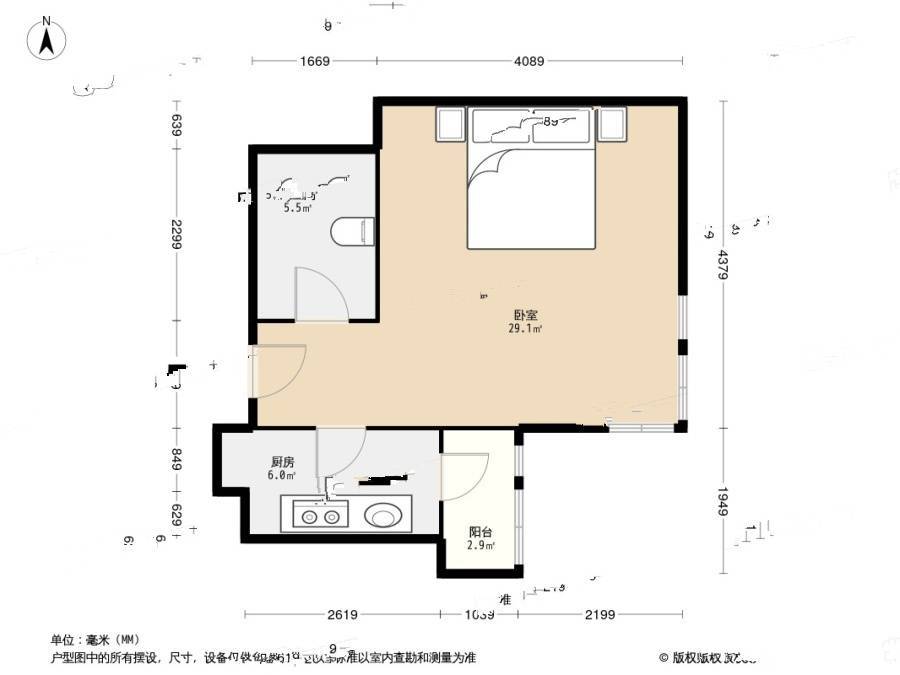 华明家园旭园1室0厅1卫45.5㎡户型图