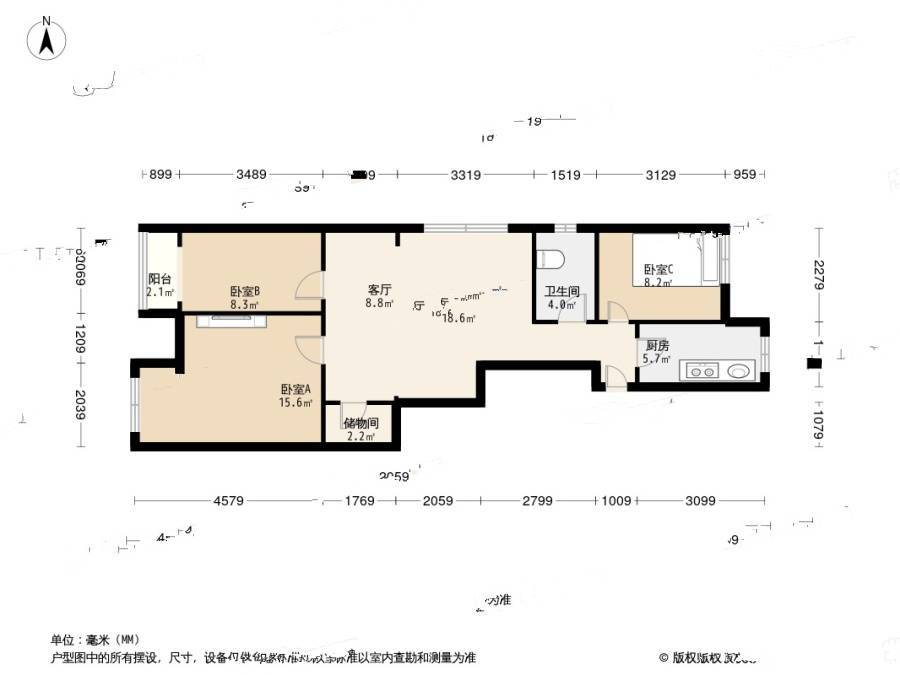 华明家园旭园3室1厅1卫106.5㎡户型图