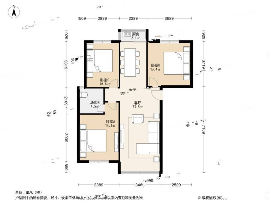 华明家园翠园3室1厅1卫107.7㎡户型图