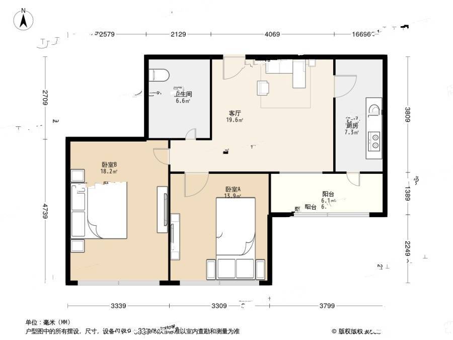 华明家园厚园2室1厅1卫91㎡户型图