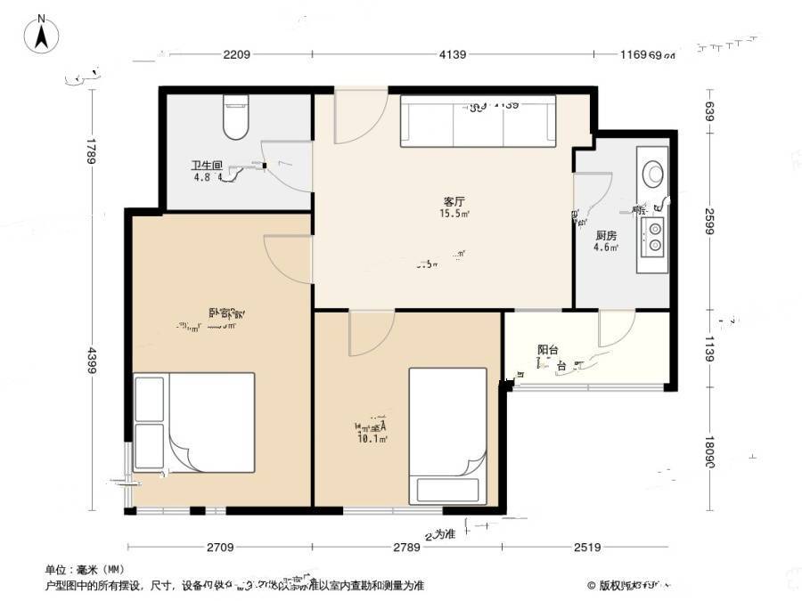 华明家园畅园2室1厅1卫65.1㎡户型图