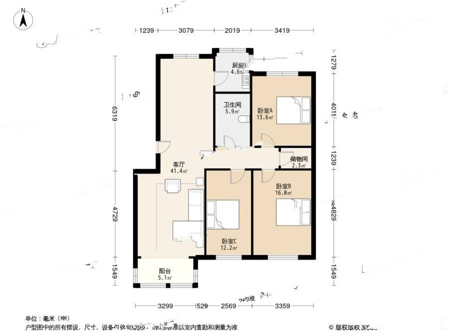 华明家园昊园3室1厅1卫131㎡户型图